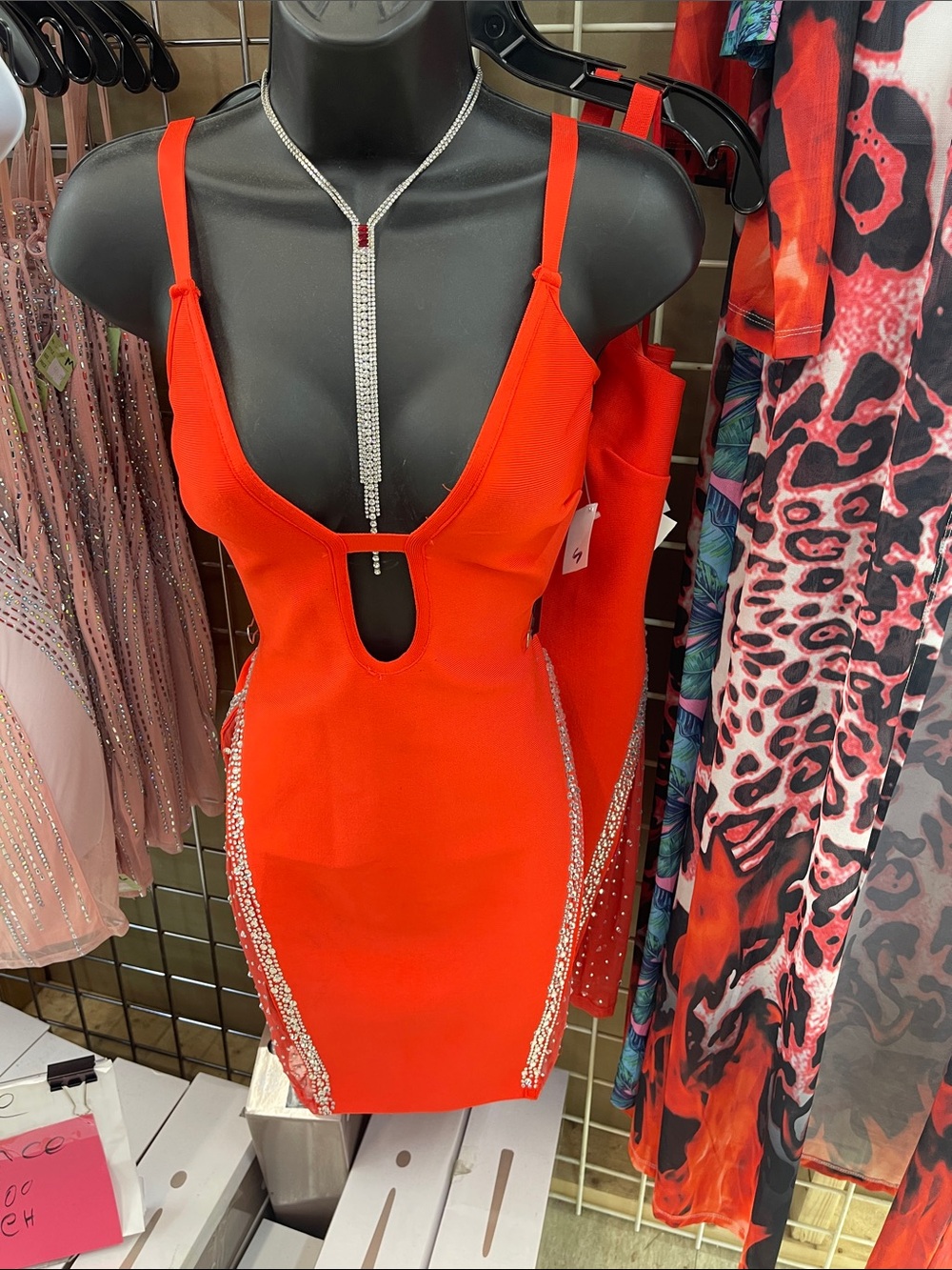 Red Rhinestone-Trim Bodycon Dress